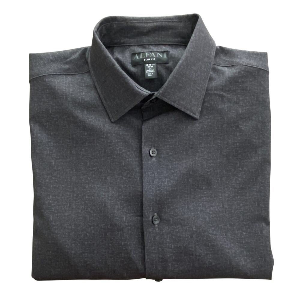 Alfani Dress Shirt Men's 14-14.5 32/33 Slim Fit Slub-Texture Charcoal Gray NEW